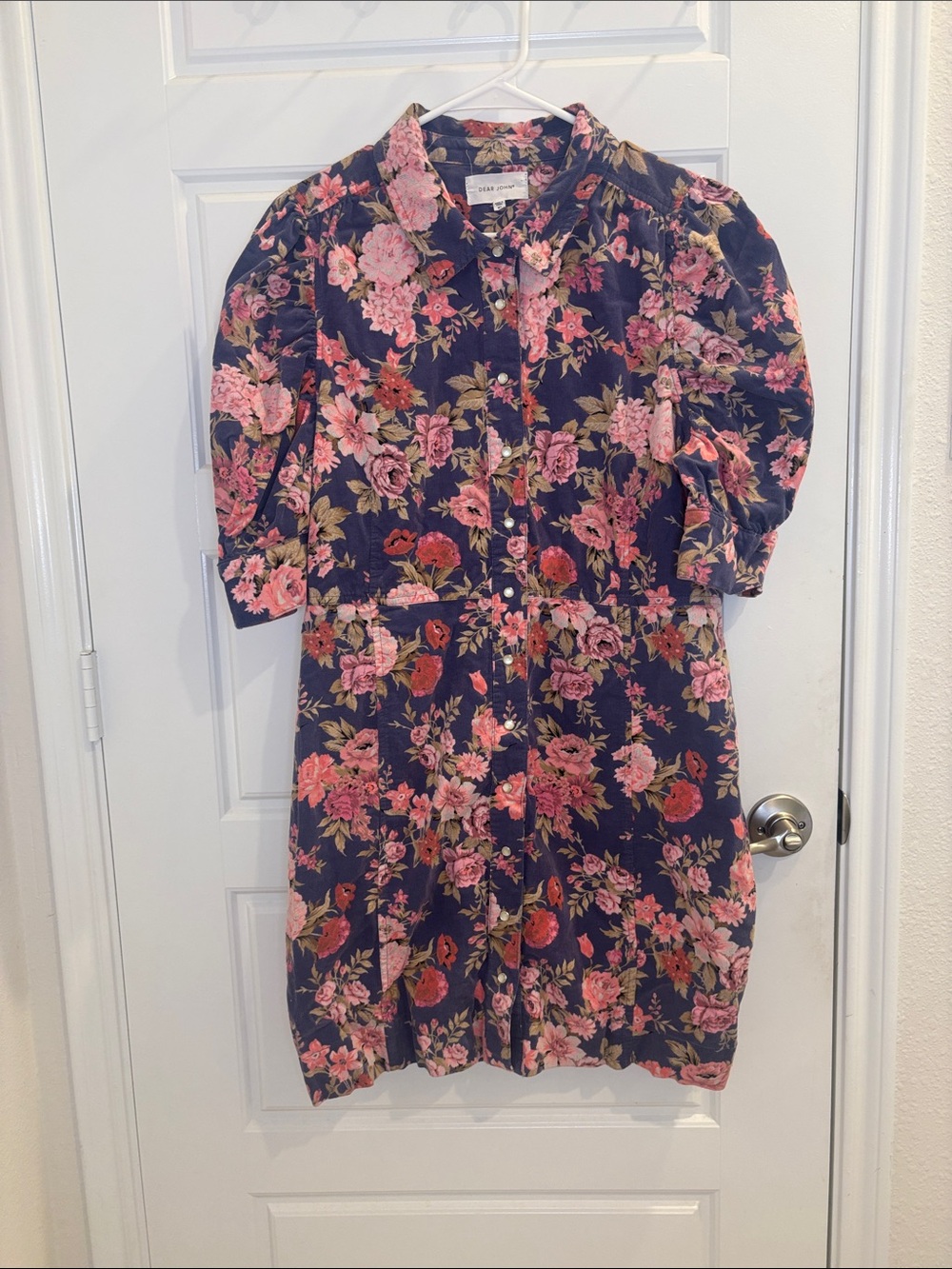 Dear John XL Floral Corduroy Shirt Dress Puff Sleeve Cottagecore Button Front
